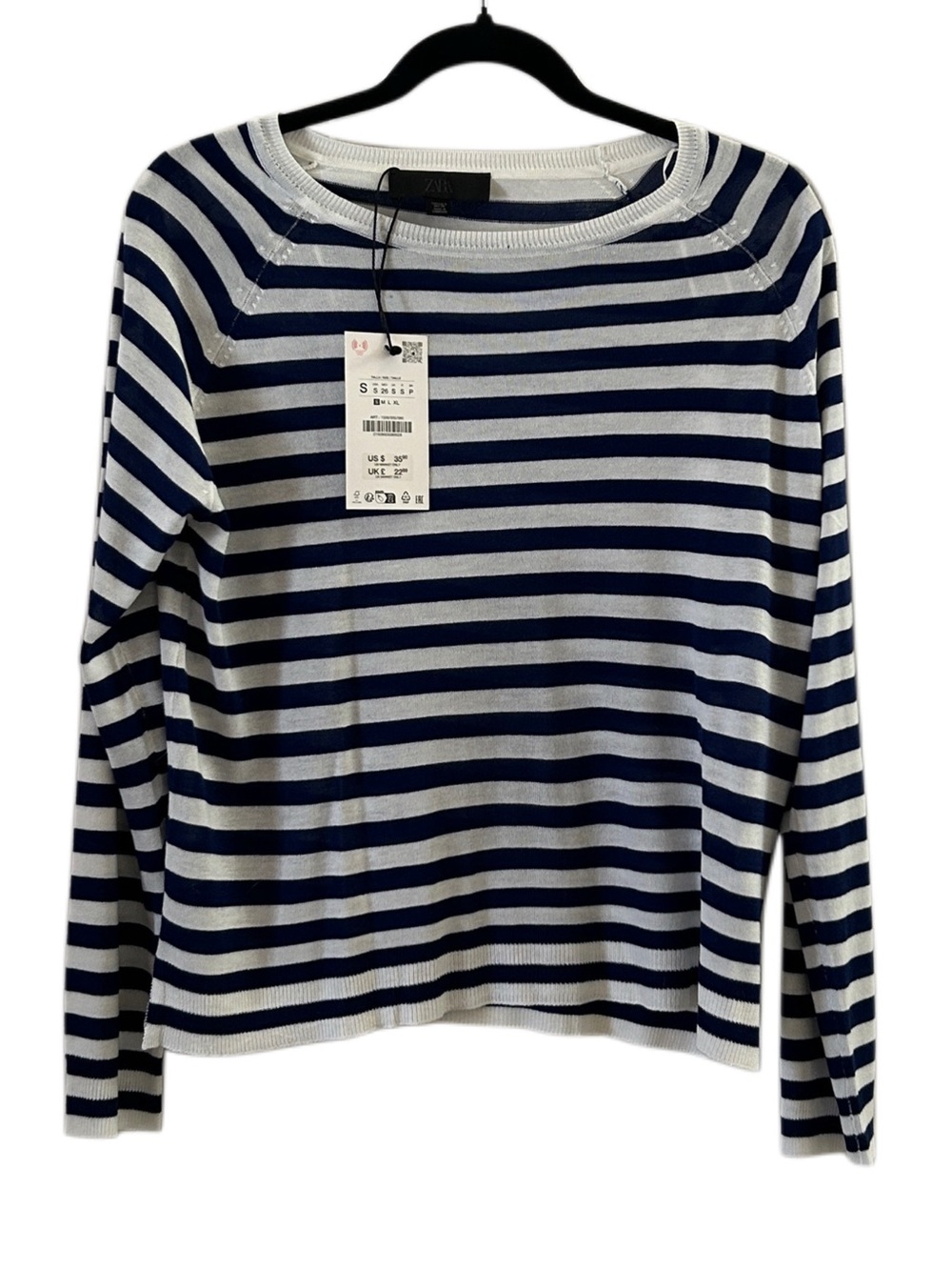 Zara Navy and White Striped Long-Sleeve Crewneck Silky Soft Tissue Knit Sweater - Picture 2 of 9